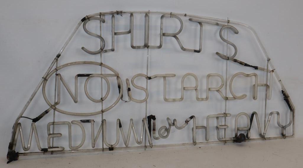 Shirts No Starch Medium & Heavy Neon Advertising Sign: 23" x 52". No Transformer. This is unable to be shipped it must be picked up in Louisville, OH or transported with a 3rd party carrier.