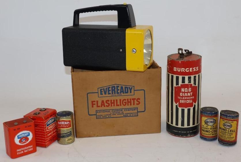 Group of 7 EverReady, Bond, and Burgess Dry Cell Batteries and Flashlight: largest 3.25" x 6.5" x 5.5", flashlight has original box