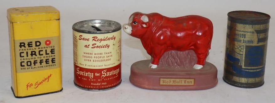 Group of 4 Red Bull Inn, EOC Coffee, PBR, and Society for Savings Advertising Coin Banks: largest 4.5" x 2.5" x 3.5"