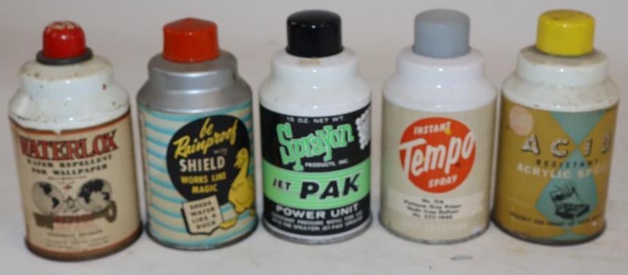 Group of 5 Tempo, Spray On, and Waterlox Vintage Spray Paint and Repellent Cans: largest 12oz