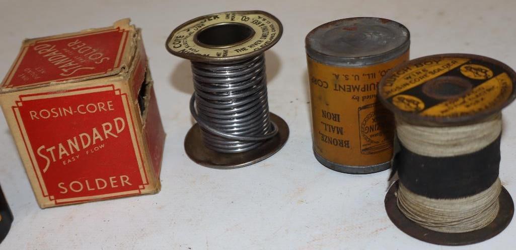 Group of 11 Solder and Flux Cans and Spools: largest 16oz