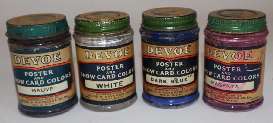 Group of 4 Devoe Glass Paint Jars with Paper Labels: 3oz each