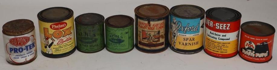 Group of 8 Paint, Epoxy, and Cement Cans and Jar: largest 16oz