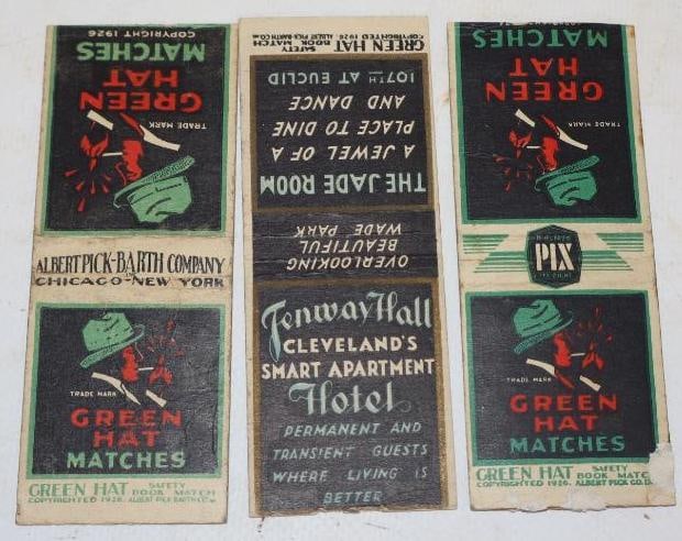 Group of 3 1926 Green Hat Advertising Match Book Covers: Average Size is 1.5" x 2 each