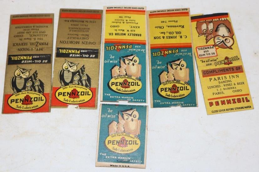Group of 6 Pennzoil with Owls Advertising Match Books: Average Size is 1.5" x 2 each