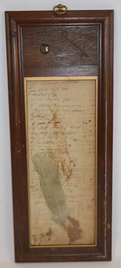 Framed Receipt and Feather Pen from 1799: 9" x 22.25"