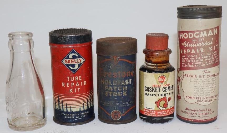 Group of 5 Automobile Tire Repair Kit and Oil Bottles: largest 2" x 2" x 5"