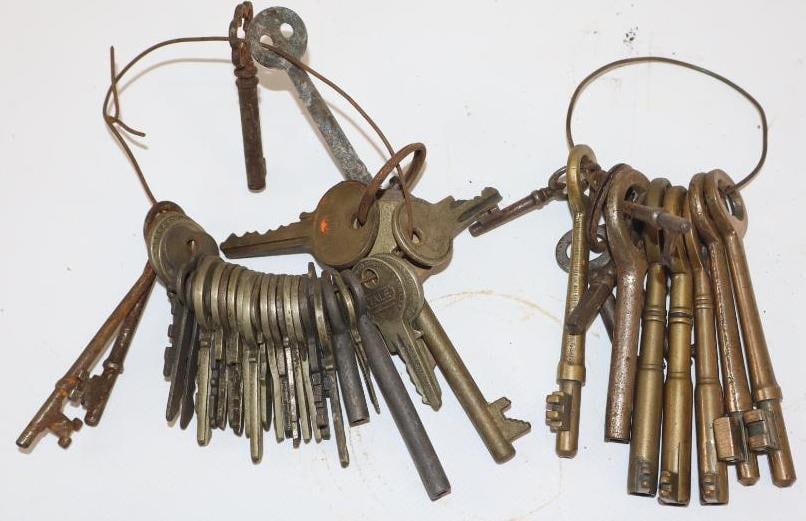 Large Group of Brass Skeleton and Other Keys: largest 3.75" x 1"
