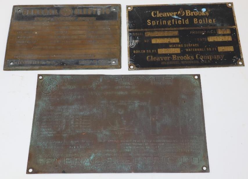 Group of 3 Brass GE and Cleaver Brooks Brass Name Plaque Signs: largest 11" x 6.75"