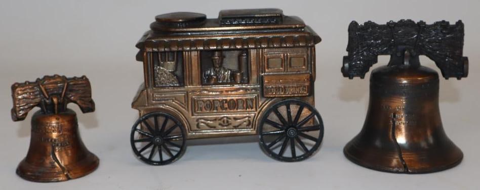 Group of 3 Brass Advertising Banks and Souvenirs: largest 4.5" x 2.5" x 4"