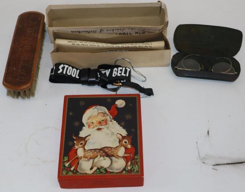 Group of 5 Kimball Safety Glasses, Dennerle & Co Brush, and Other Advertising Items: Largest is 9.5" x 2.5" x 2.5"