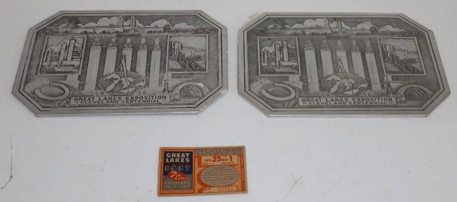 Group of 3 1936 and 1937 Cleveland Great Lakes Exposition Souvenirs and Ticket: Largest is 10" x 7"