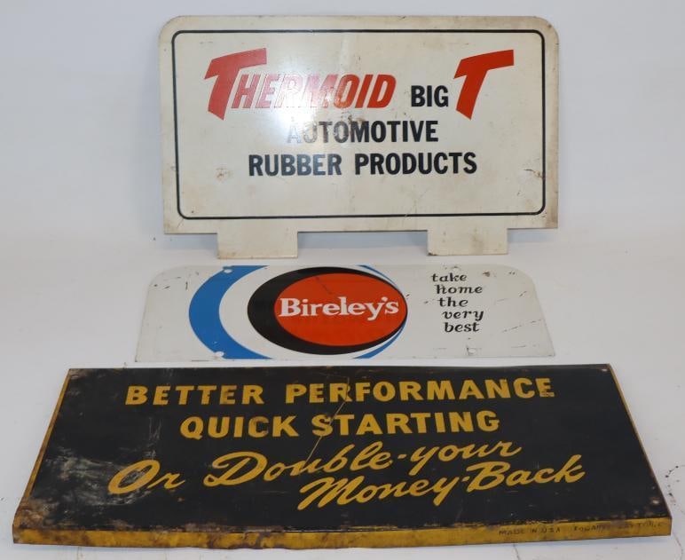 Group of 3 Thermoid, Better Performance, Birely's Metal Rack Signs: Largest is 17.5" x 8.25"