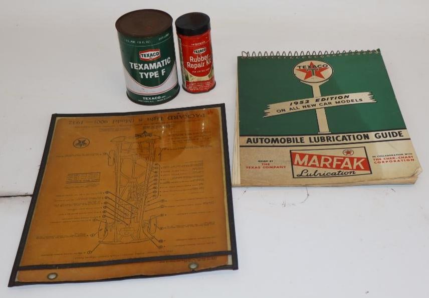 Group of 4 1952 Texaco 1932 Packard Lube Chart, Lubrication Manual, ATF and Rubber Repair Kit (1 of 5)