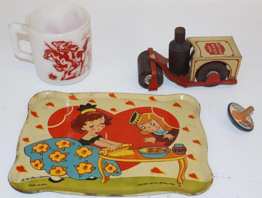 Group of 4 Davey Crocket, Baby Steamroller, Sun Proof Paint Top, and Queen of Hearts Childs Tray: Largest is 6" x 7.5"