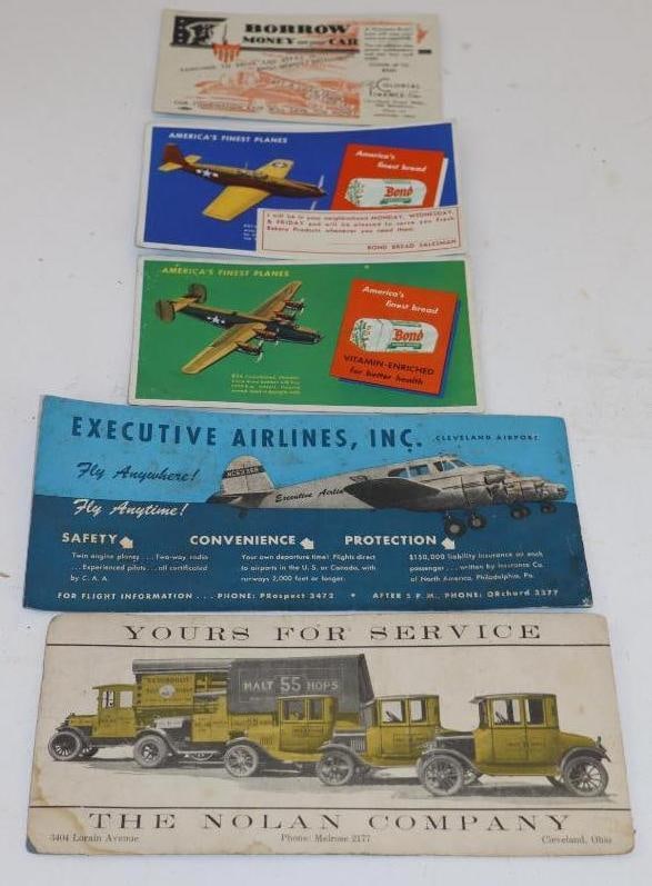 Group of 5 Airplane and Early Automobile Advertising Ink Blotters: Largest is 9" x 4"