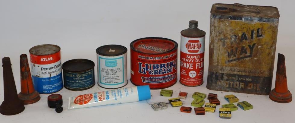 Large Group of Oil, Grease, Brake Fluid, and Fuse Tins and Cans: Largest is 6" x 8.5" x 10.5"