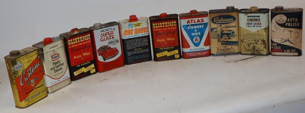 Group of 10 Rectangular Pint Oil and Polish Car Care Cans: 16 oz each