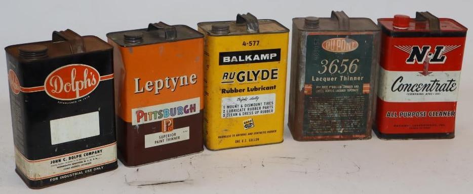 Group of 5 One Gallon Metal Rectangle Oil, Thinner, and Cleaner Cans: 6.5" x 4.25" x 10.5" each