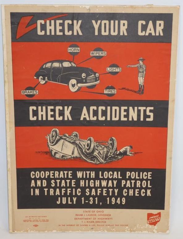 1949 Ohio Highway Patrol Safety Check Poster: Paper Mounted on Foamboard. 15.5" x 21"
