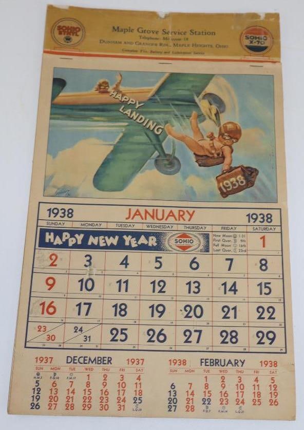 1938 Sohio X-70 Gas Station Advertising Calendar: Top has been laminated, the calendar is complete with all months present. 9" x 15"