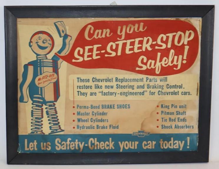 Chevrolet "Mr Fitzrite" Display Sign: 26.5" x 20.5". With Frame. It is a paper sign attached to cardboard.