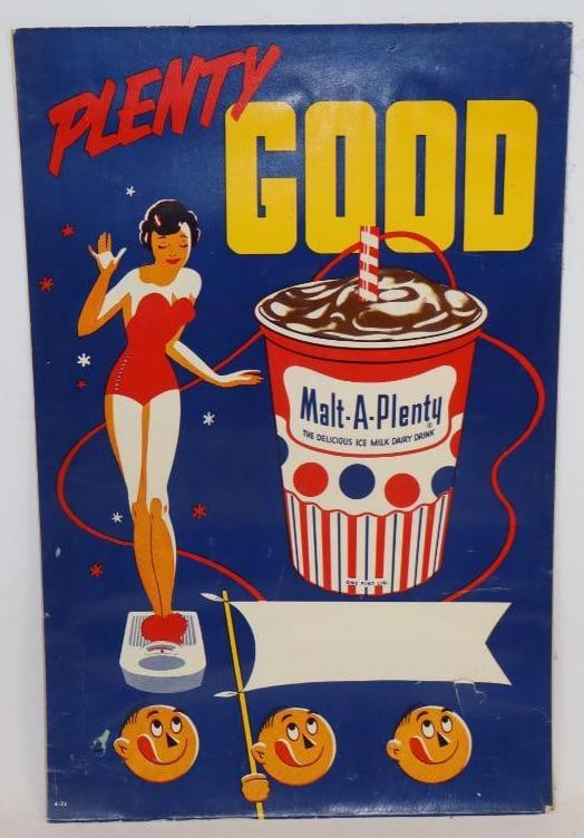 Malt-A-Plenty Milkshake Cardboard Advertising Sign: 13" x 20"