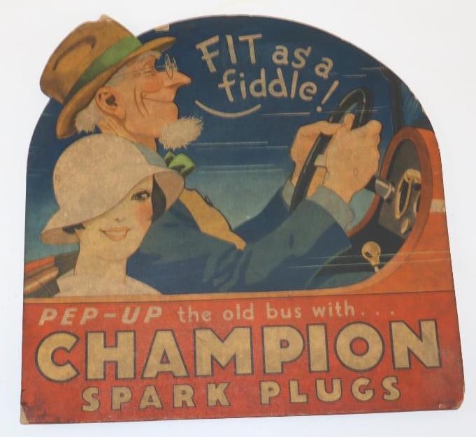 Champion Spark Plugs 'Fit as a Fiddle" Cardboard Easel Back Display Sign (1 of 2)