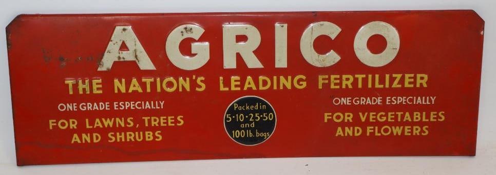 Agrico Fertilizer Embossed Metal Advertising Rack Sign: 24.25" x 8". Marked Shonk Sign Co