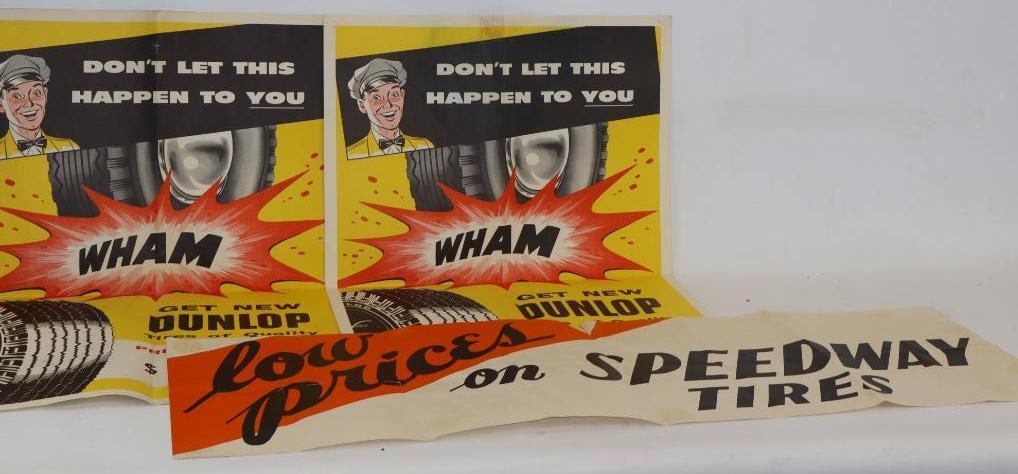 Group of 3 Dunlop and Speedway Tires Advertising Paper Posters: Largest is 15.5" x 48"