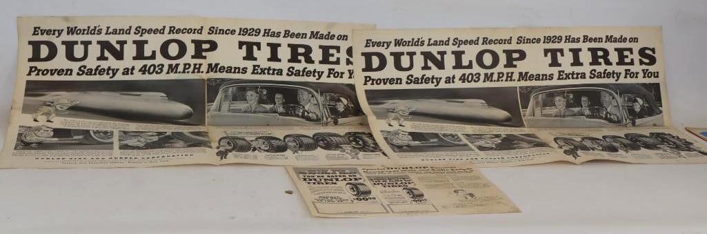 Group of 3 Dunlop Tires Advertising Paper Posters: Largest is 23" x 35"