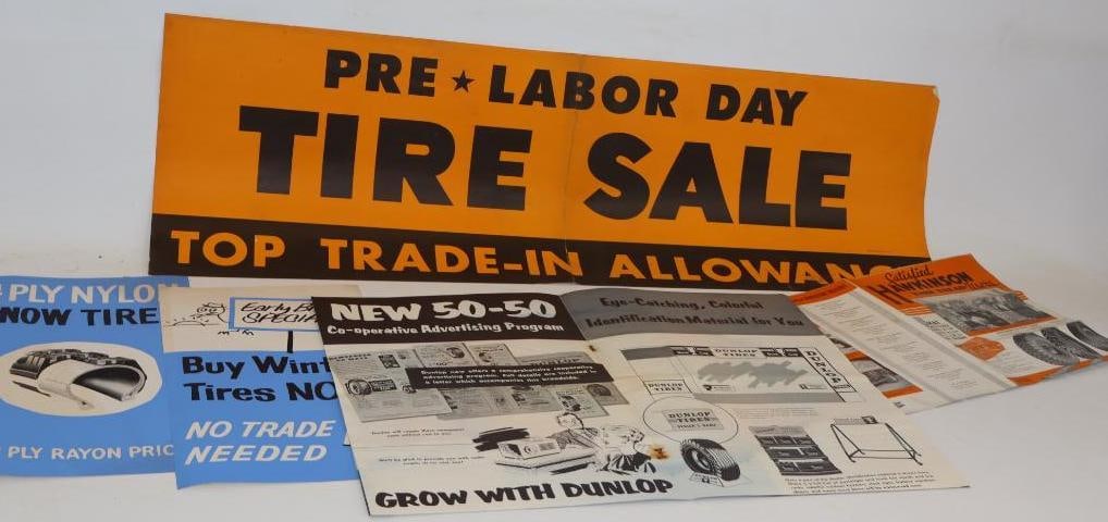 Group of 5 Hawkinson and Dunlop Tires Advertising Posters and Booklets: Largest is 12" x 38"