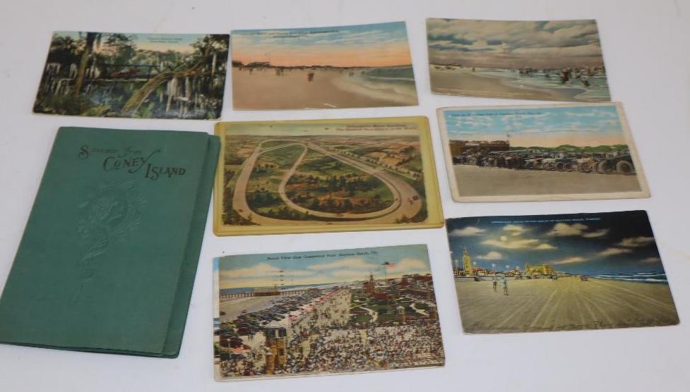 Group of 10 Early Racing and Points of Interest Post Cards and Souvenirs: Largest is 6.75" x 4.25"