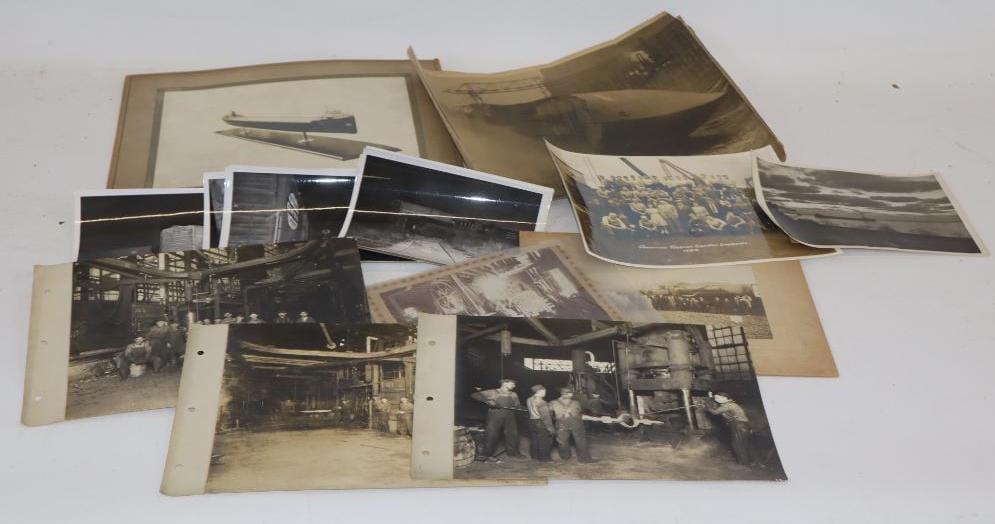 Group of 17 Black and White Locomotive and Ship Photo and Prints: Largest is 11" x 14"