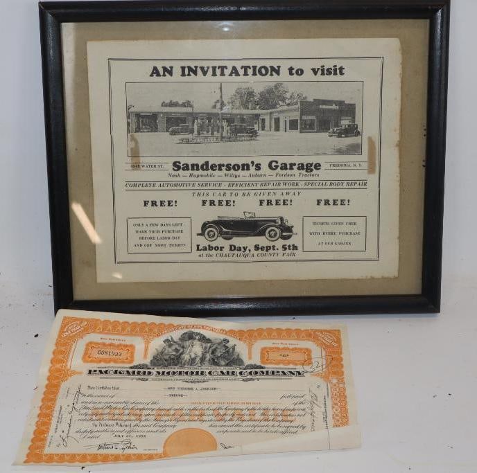 Group of 2 Packard Motor Car Stock Certificate and Framed Sandersons Garage Car Give-Away (1 of 4)
