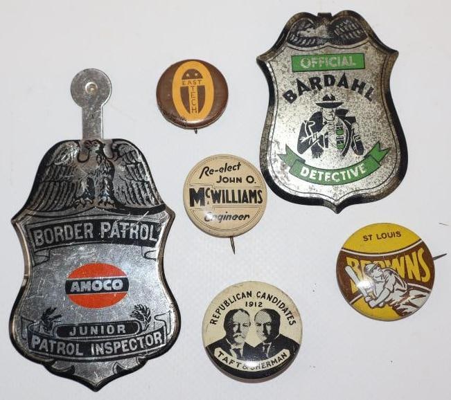 Group of 6 Amoco, Bardahl, St Louis Browns, Political Pin Back Badges: Largest is 2" x 4"