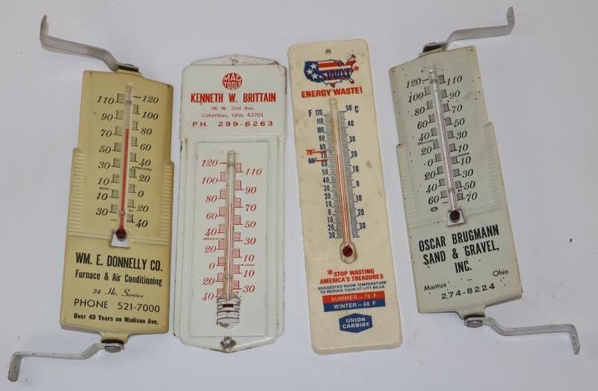 Group of 4 Metal and Plastic Advertising Thermometers: Largest is 8.5" x 2.5"