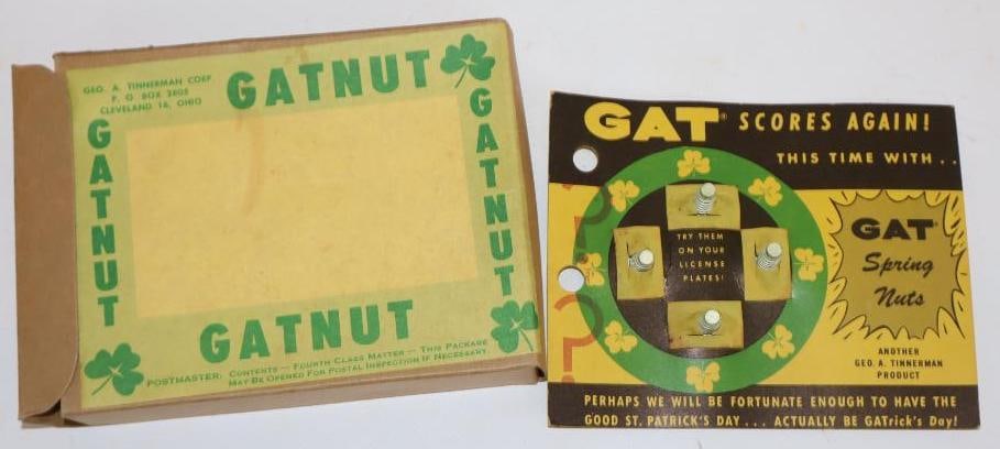 NOS Gat Spring Nuts License Plate Bolts in Original Box: 4" x 5.25" x 1"