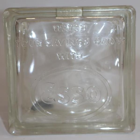 Esso Glass Block Coin Bank "Watch Your Savings Grow: 4.75" x 4.75" x 3"