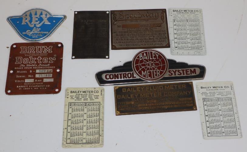 Group of 8 Bailey Meter Company, Speedway Ship, Pocket Calendars and other Product Emblems: Largest is 7" x 2.5"