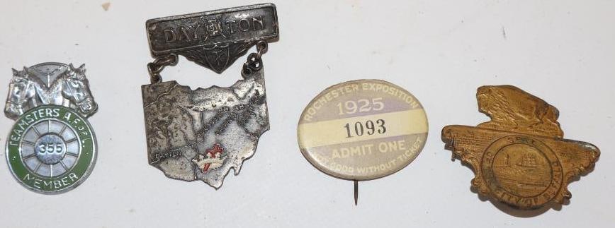 Group of 4 Teamsters, Buffalo, Rochester Exposition, and Dayton OH Pinback Badges: Largest is 2" x 2.5"