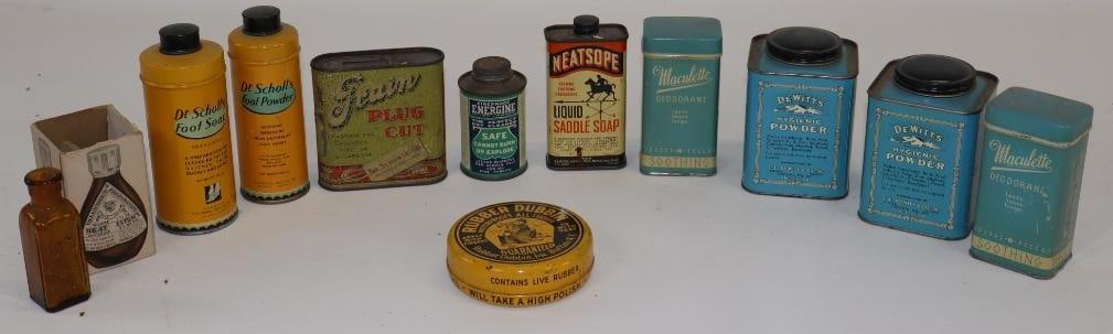 Group of 11 Household Advertising Tins and Bottles: Largest is 10oz