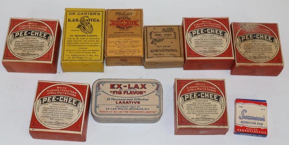 Group of 10 Household Advertising Laxative, Tea, and Pee-Chee Containers: Largest is 1 3/4 oz