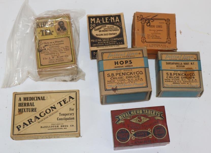 Group of 7 Herbal Tea, Hops, Sapirilla, and Chafe Cream Advertising Packages: 4" x 3" x 1"