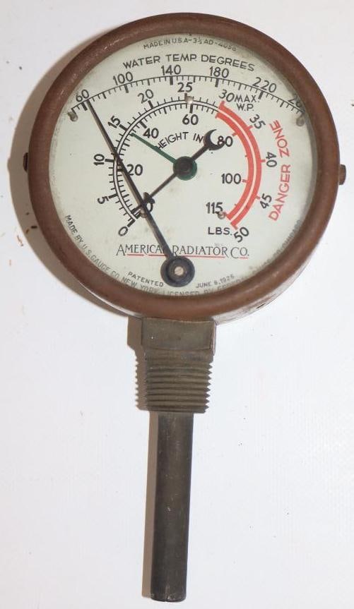 American Radiator Company Brass Water Temperature Gauge: 3.5" x 7" x 1.5"
