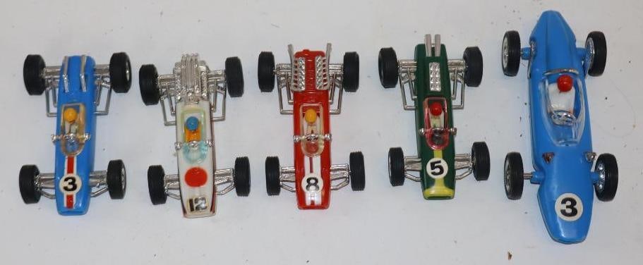 Group of 5 Open Wheel Toy Race Cars: Largest is 5.75" x 2.5" x 2"