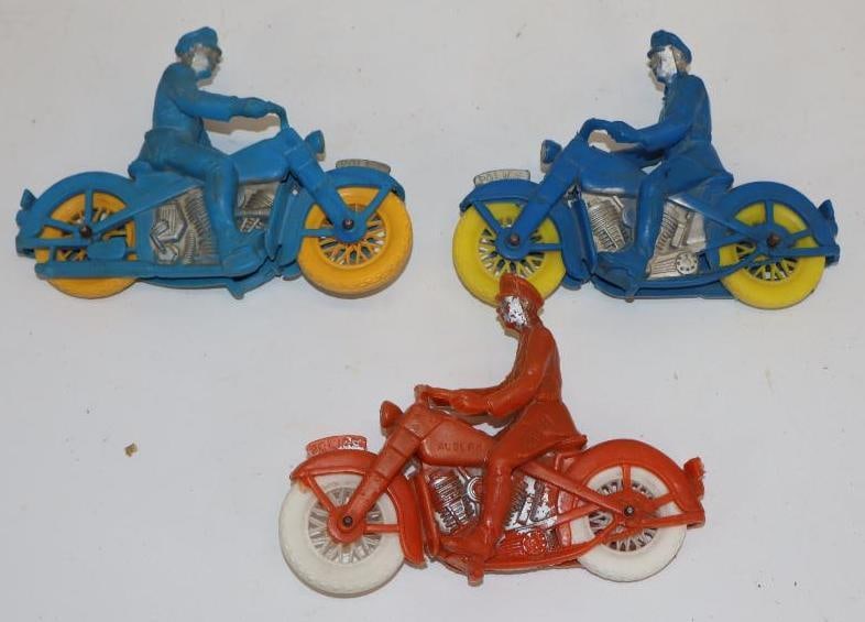 Group of 3 Auburn Rubber Police Motorcycle Toys: 6" x 5" x 1.75" each