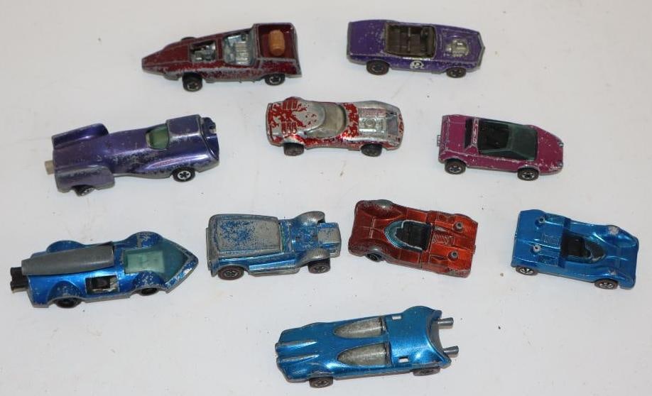Group of 10 Vintage Hot Wheel Redline Die Cast Cars: largest 3.5" x 1.25" x .75", all have condition issues