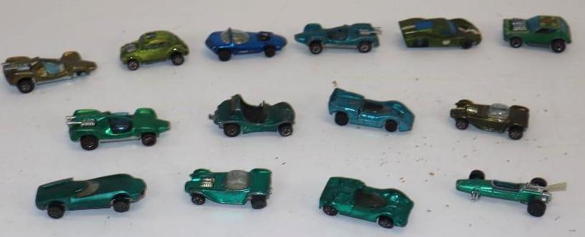Group of 14 Vintage Hot Wheel Redline Die Cast Cars: largest 3.5" x 1.25" x .75", all have condition issues