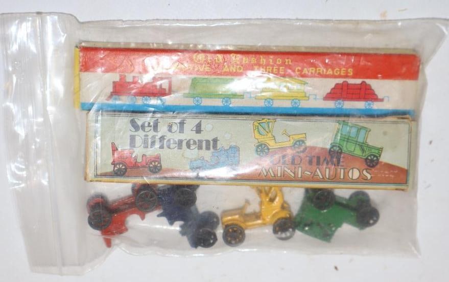 Group of 2 Old Time Auto and Locomotive Painted Metal Toy Cars in Original Boxes (1 of 3)